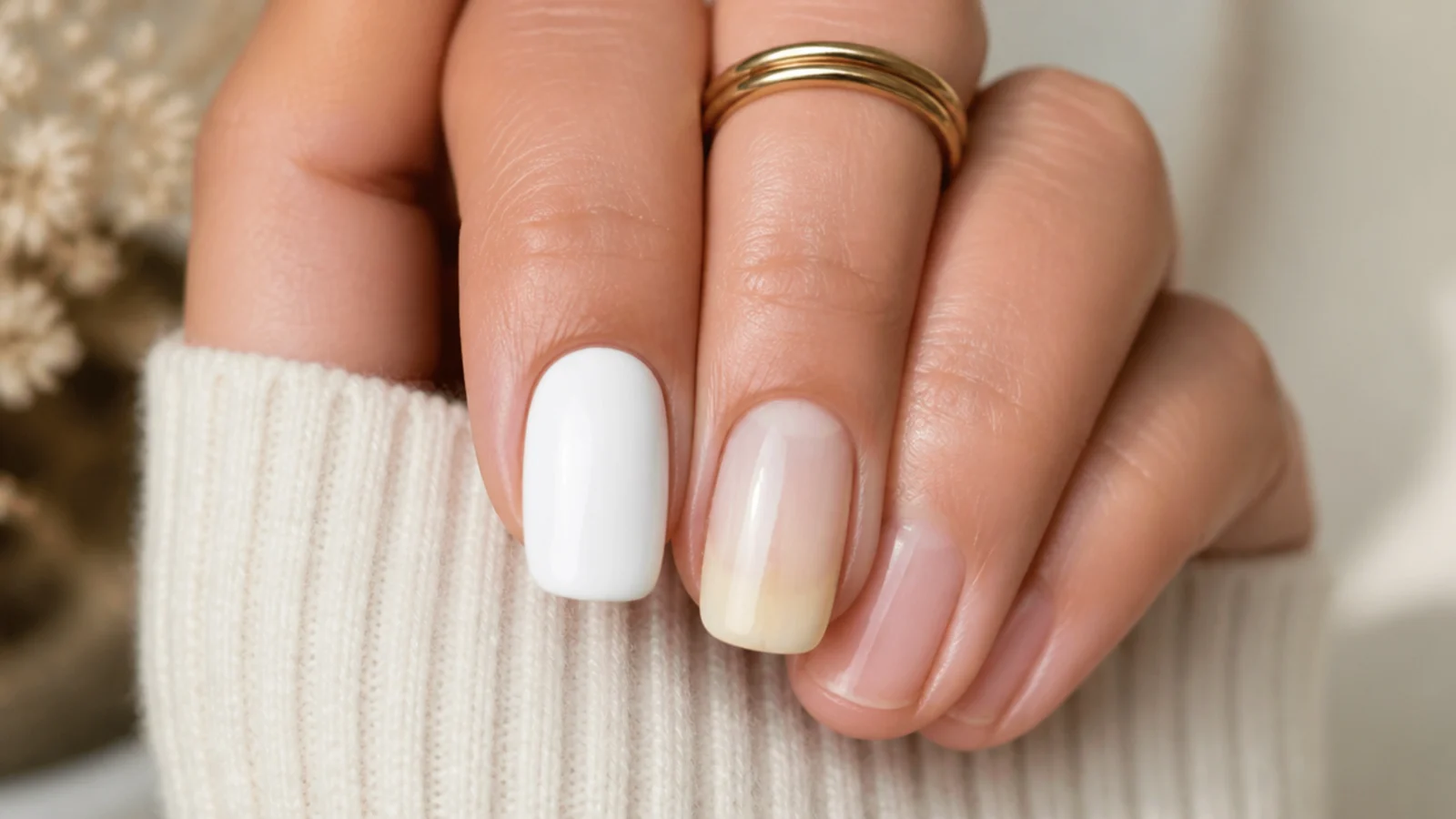 Comparison of a fresh white nail beside a yellowed white nail showing discoloration