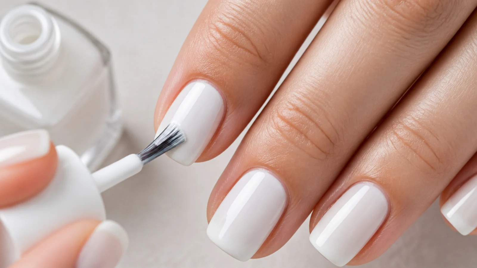 Close-up of a white nail being painted in a thin even coat with a polish brush