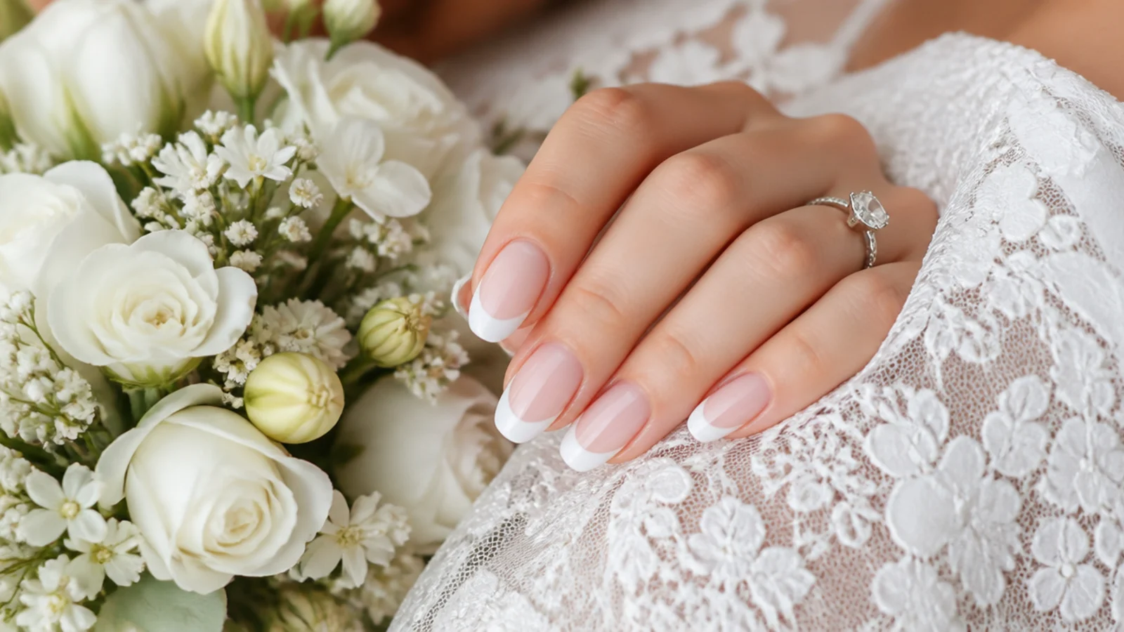 Bridal white French nails resting against white lace and a bouquet of white flowers