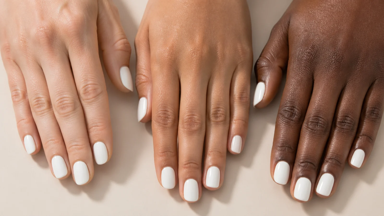 Three hands in different skin tones each wearing a white manicure to compare