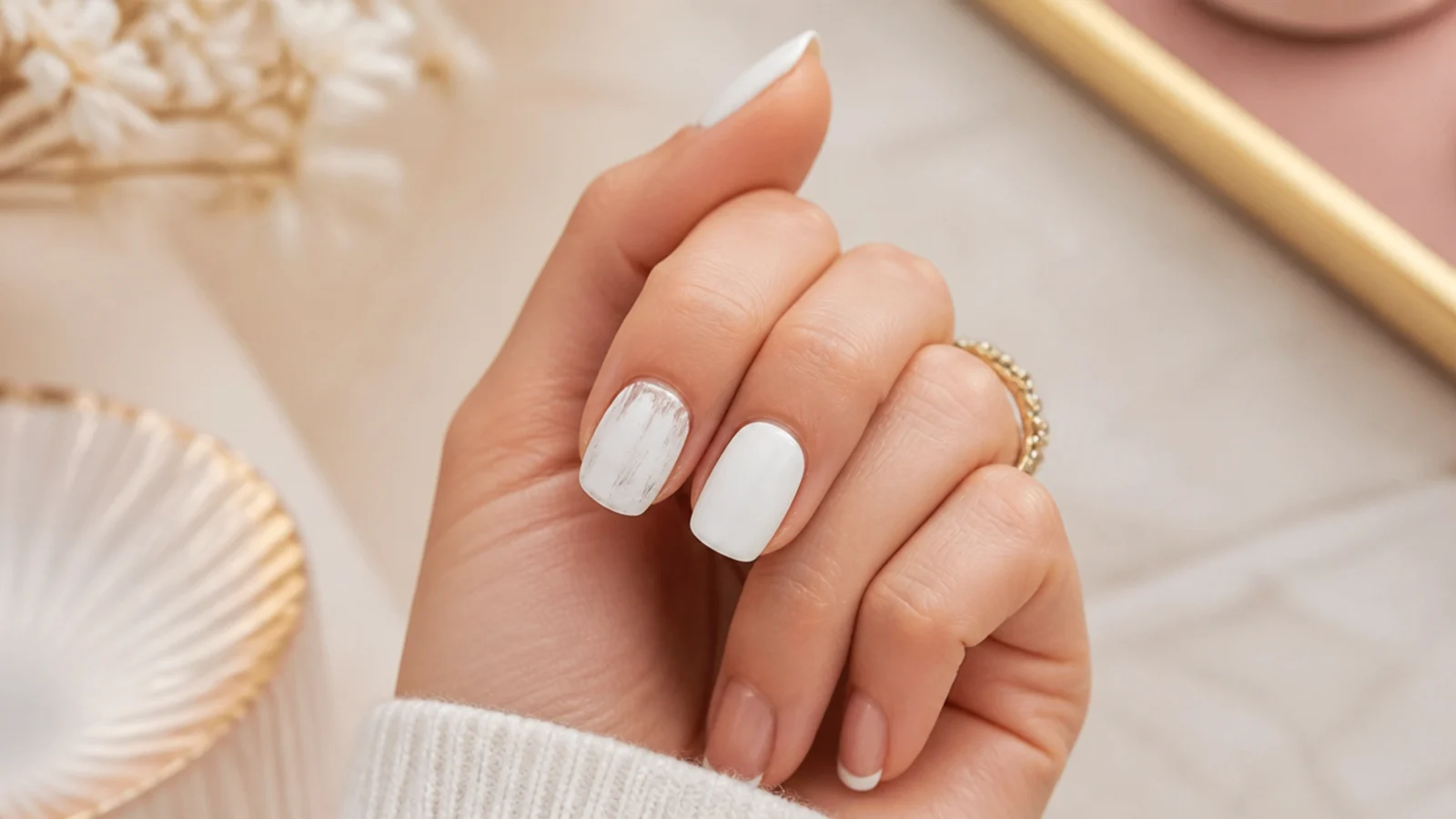 Two white nails compared, one streaky and chipped and one clean and even
