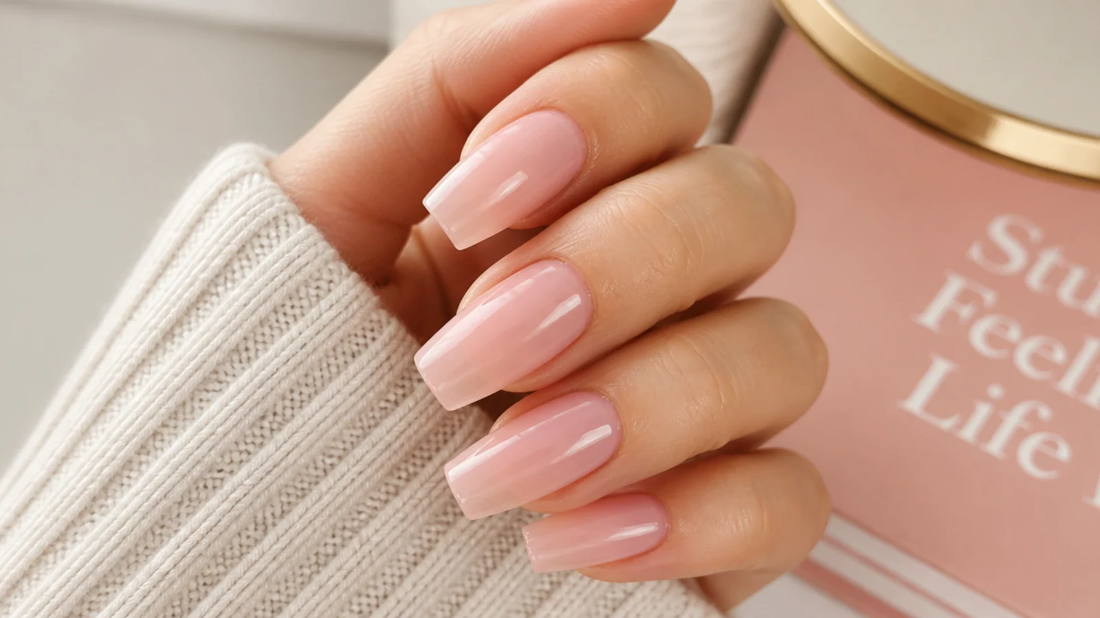 Medium sheer pink acrylic nails with a translucent baby pink overlay and clean sidewalls