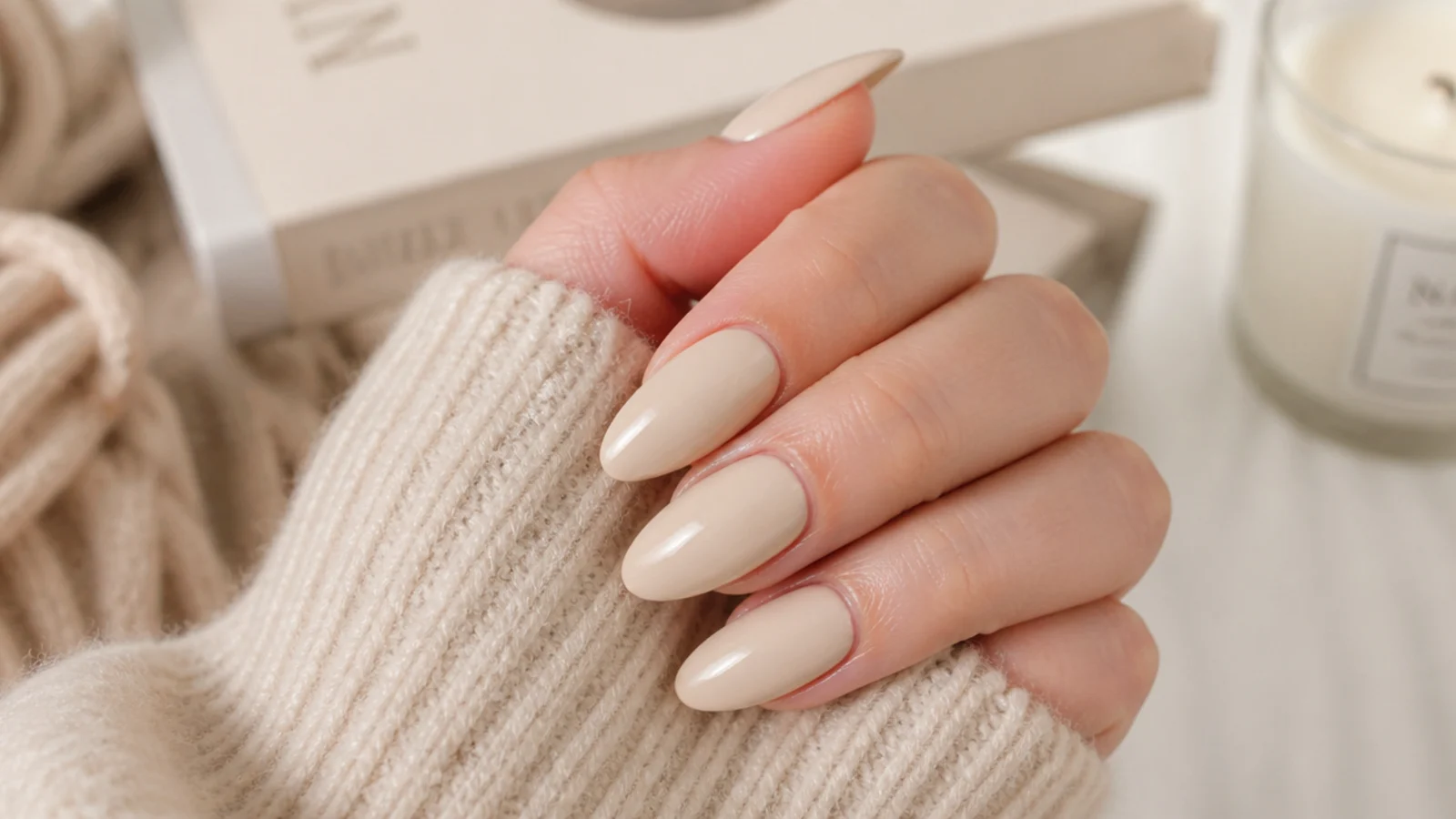 Soft beige acrylic nails in an almond shape with a warm creamy opaque finish