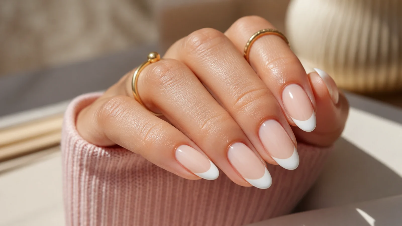 Nude French acrylic nails with a crisp white tip over a sheer nude base on almond nails
