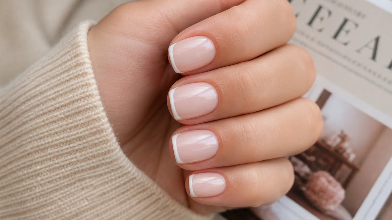 Short acrylic nails with a hairline white micro French tip over a milky nude base