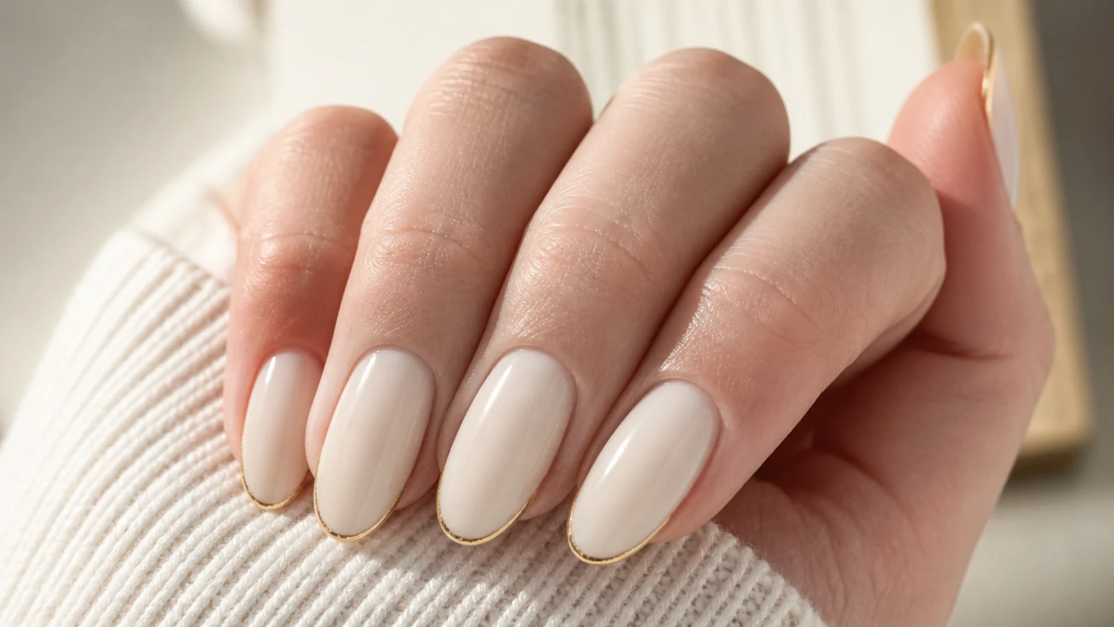 Milky beige acrylic nails with a thin gold micro French line traced along the free edge