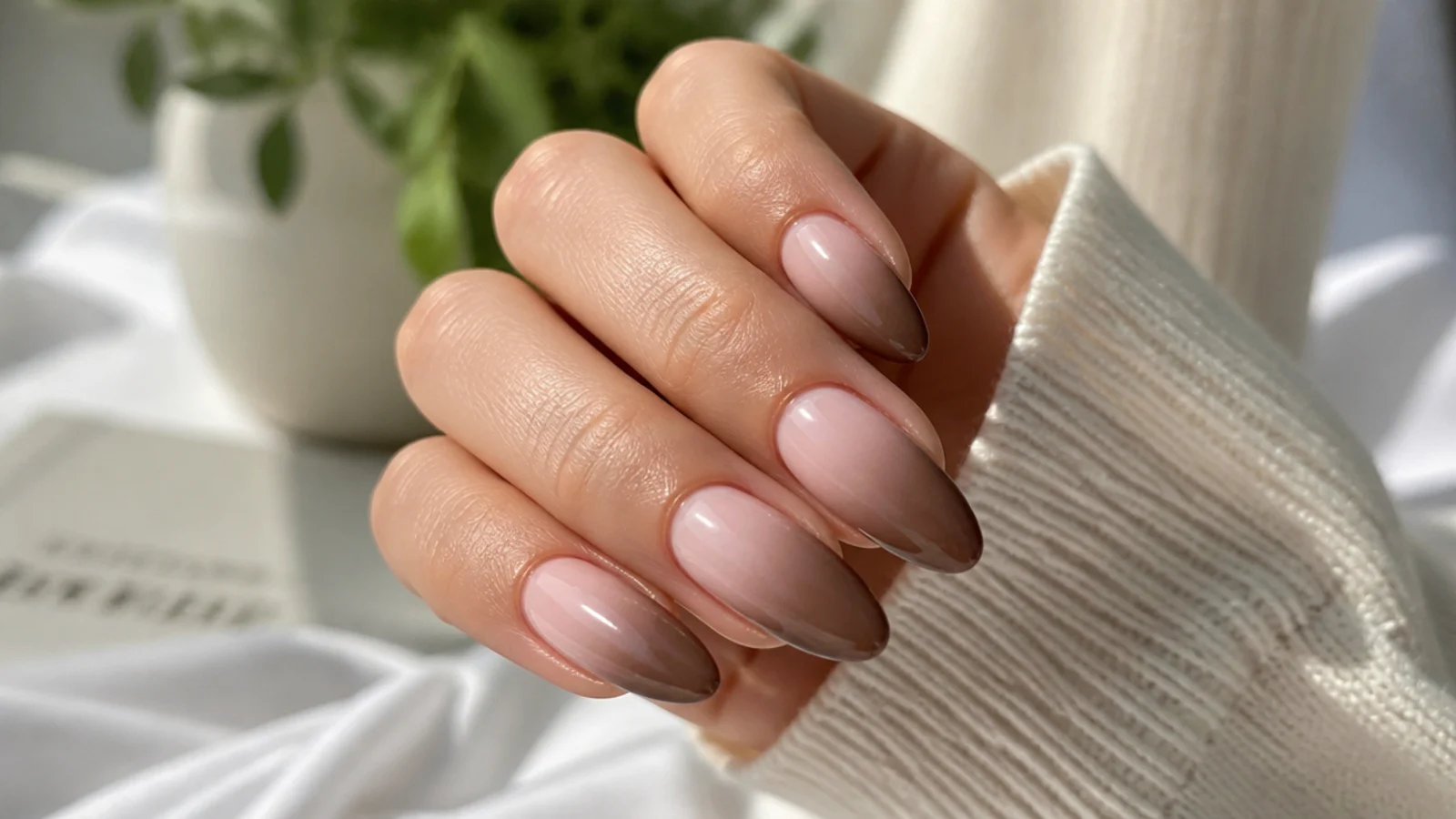 Almond acrylic nails with a soft gradient from pale beige at the cuticle to warm brown at the tip