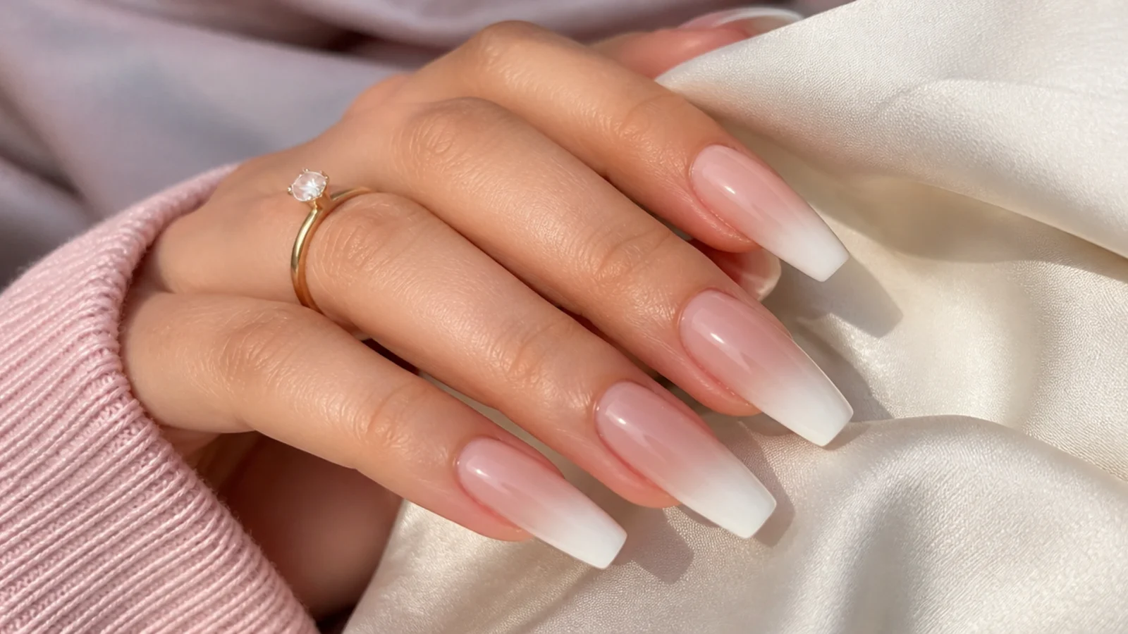 Long acrylic nails with a soft baby boomer fade from sheer pink to milky white tips
