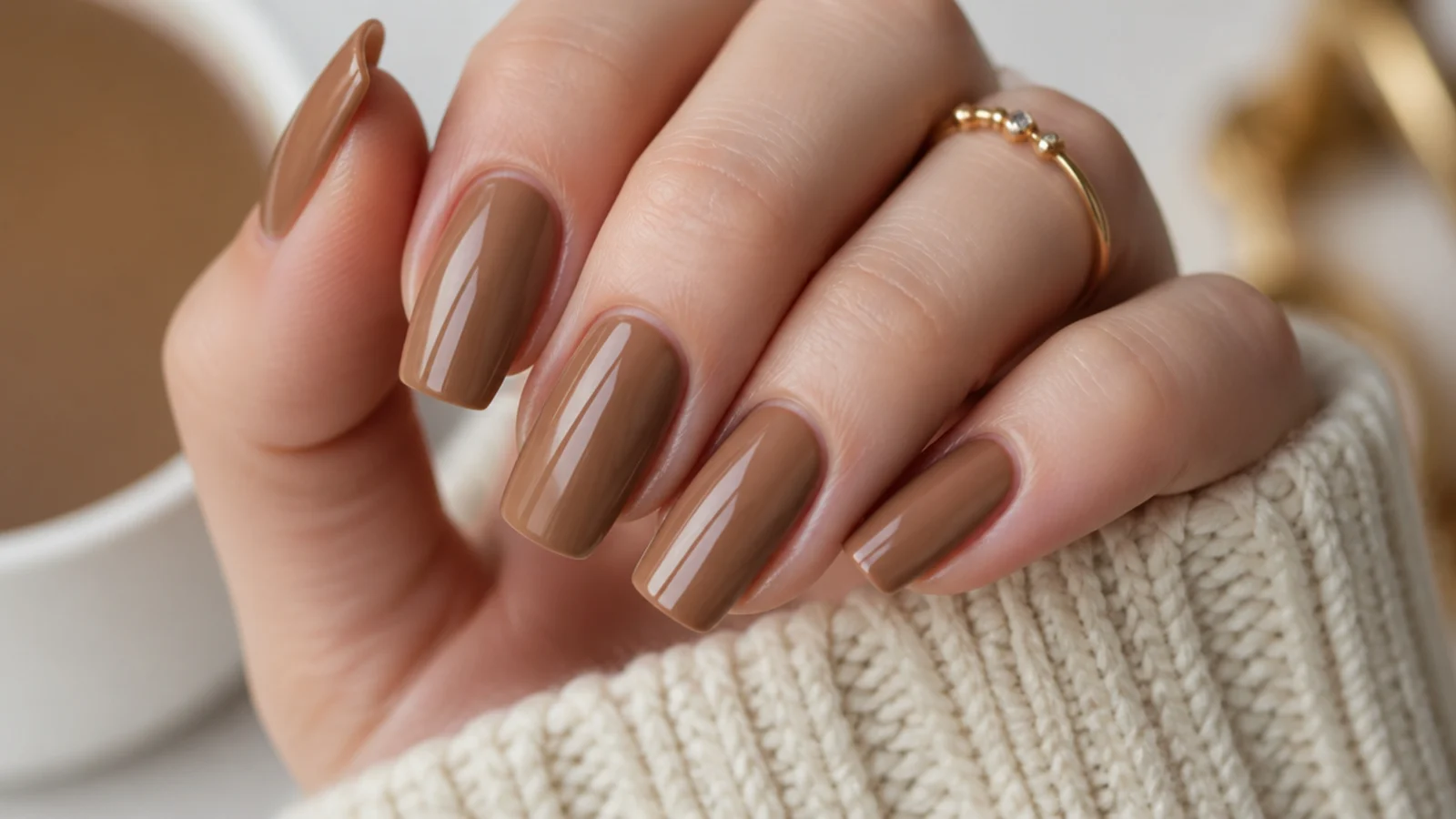 Medium latte brown acrylic nails in a soft square shape with a creamy milk coffee finish