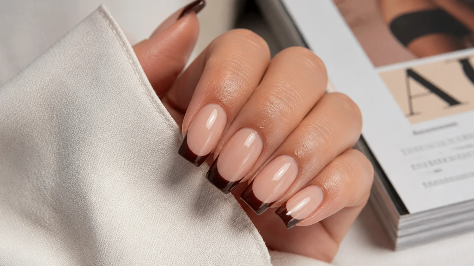 Nude acrylic nails with deep espresso brown French tips and a straight smile line