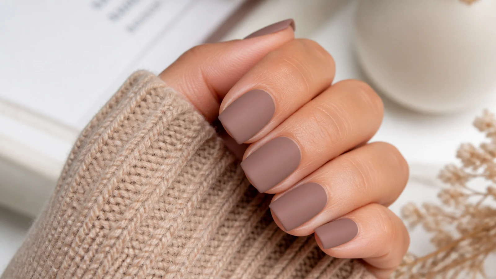 Short matte taupe acrylic nails with a velvety flat finish and squoval tip