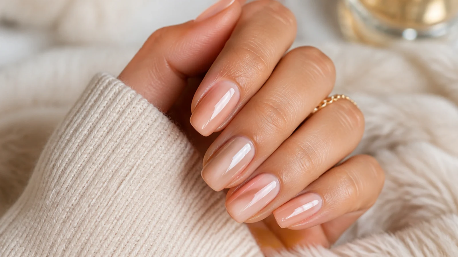 High shine nude acrylic nails with a wet glass like gloss and rounded tips
