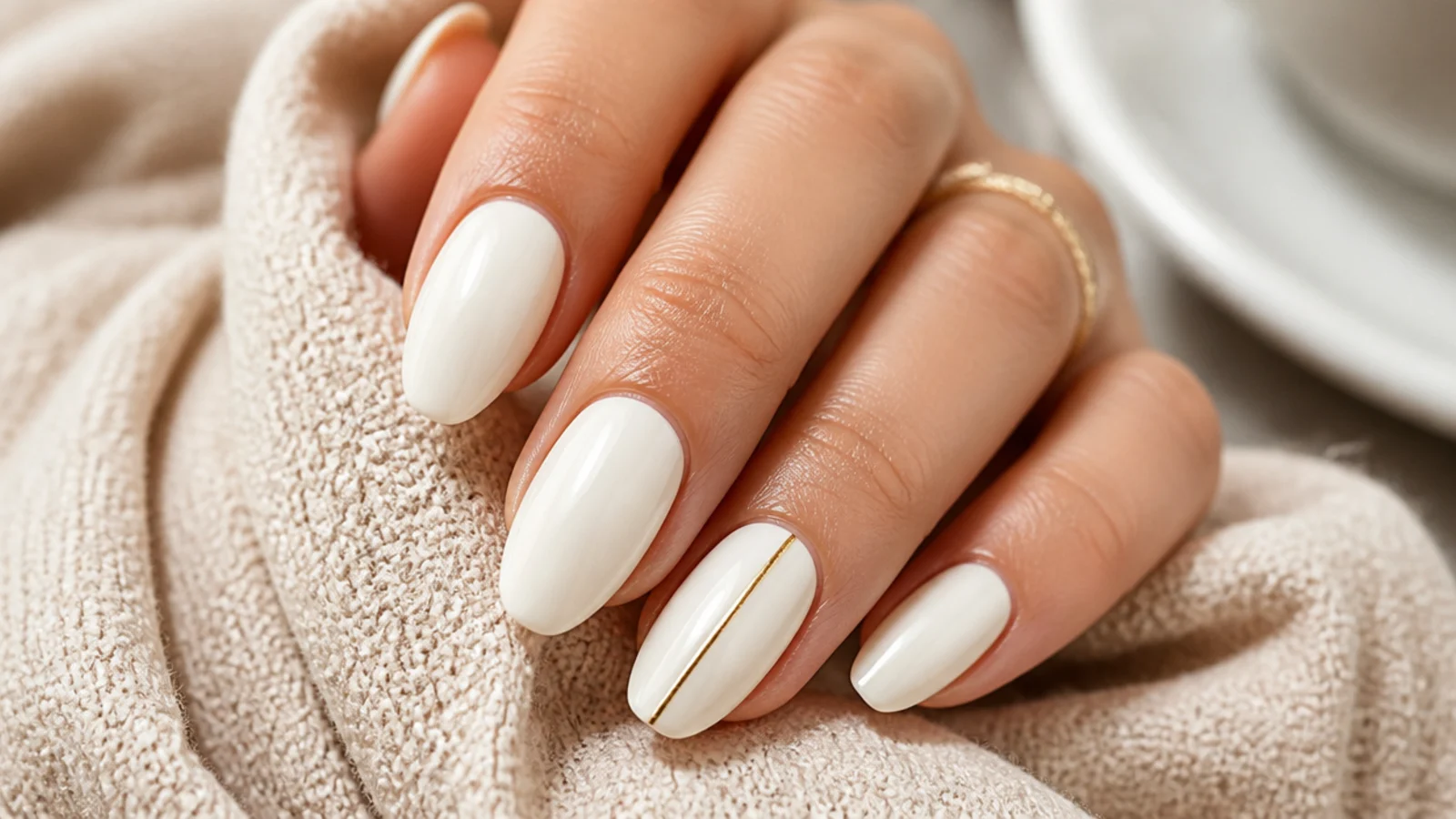 Cream acrylic nails with a single thin vertical gold stripe running down one accent nail