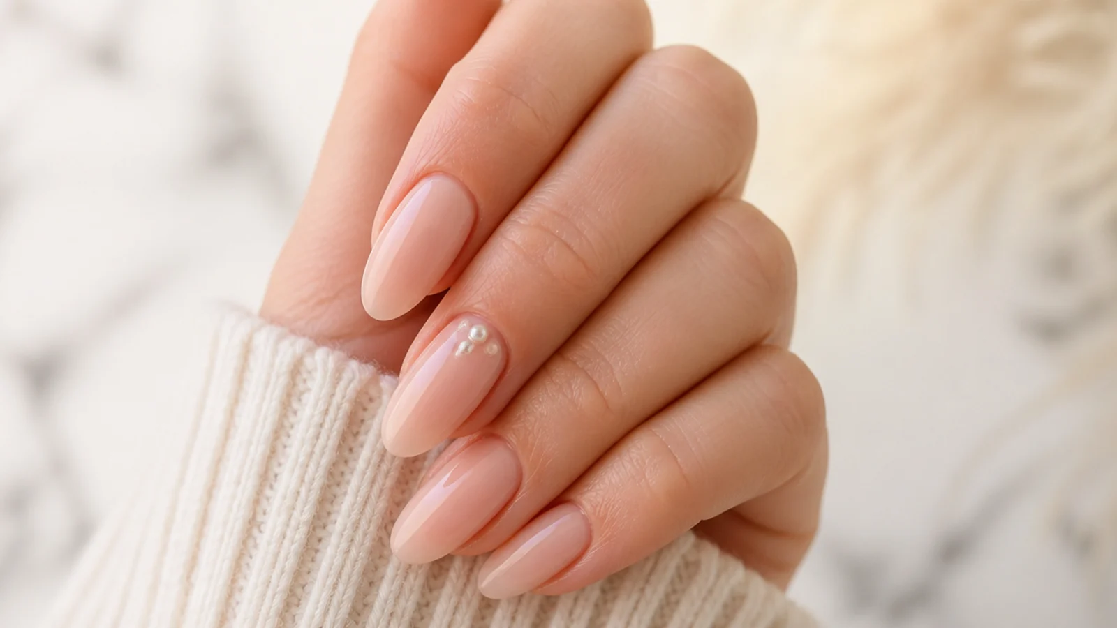 Sheer nude acrylic nails with three tiny flat back pearls set near the cuticle of one nail