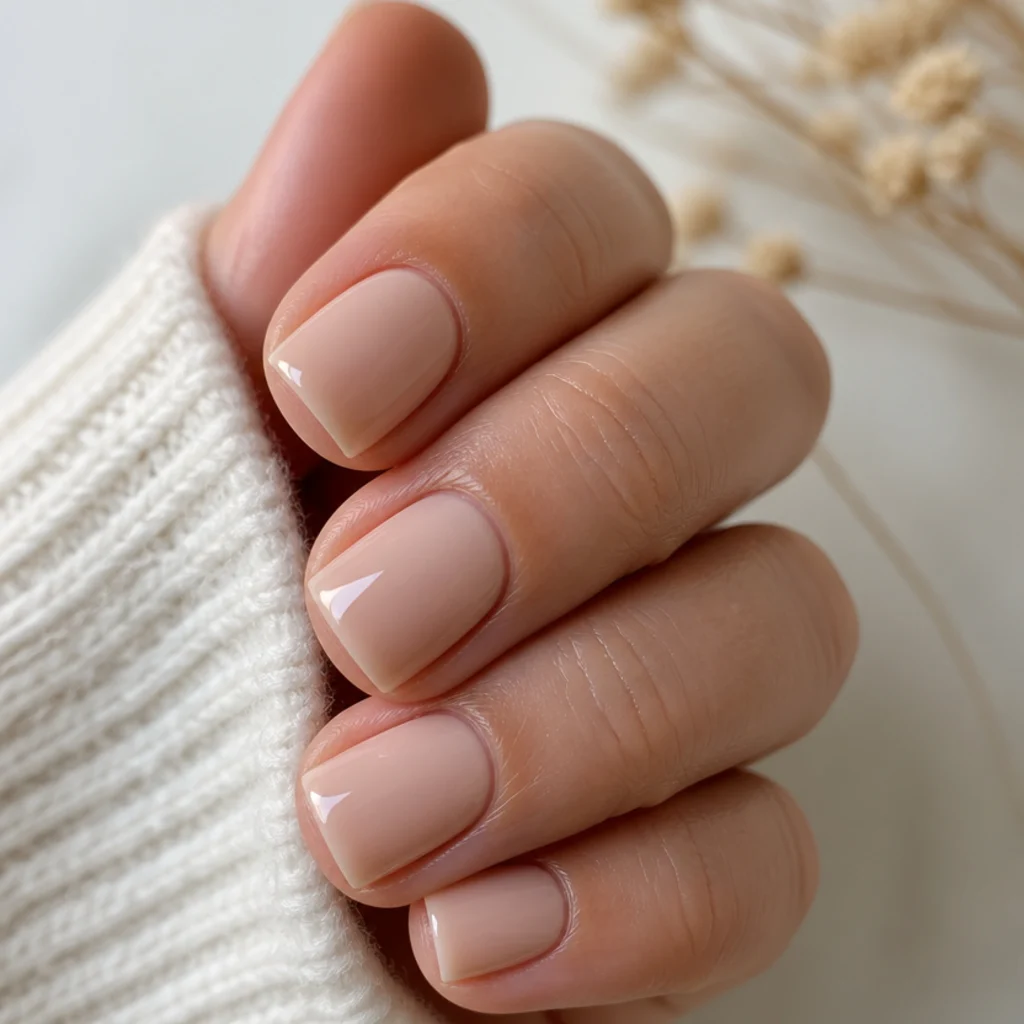Very short square acrylic nails in a warm nude with straight sidewalls and a flat tip
