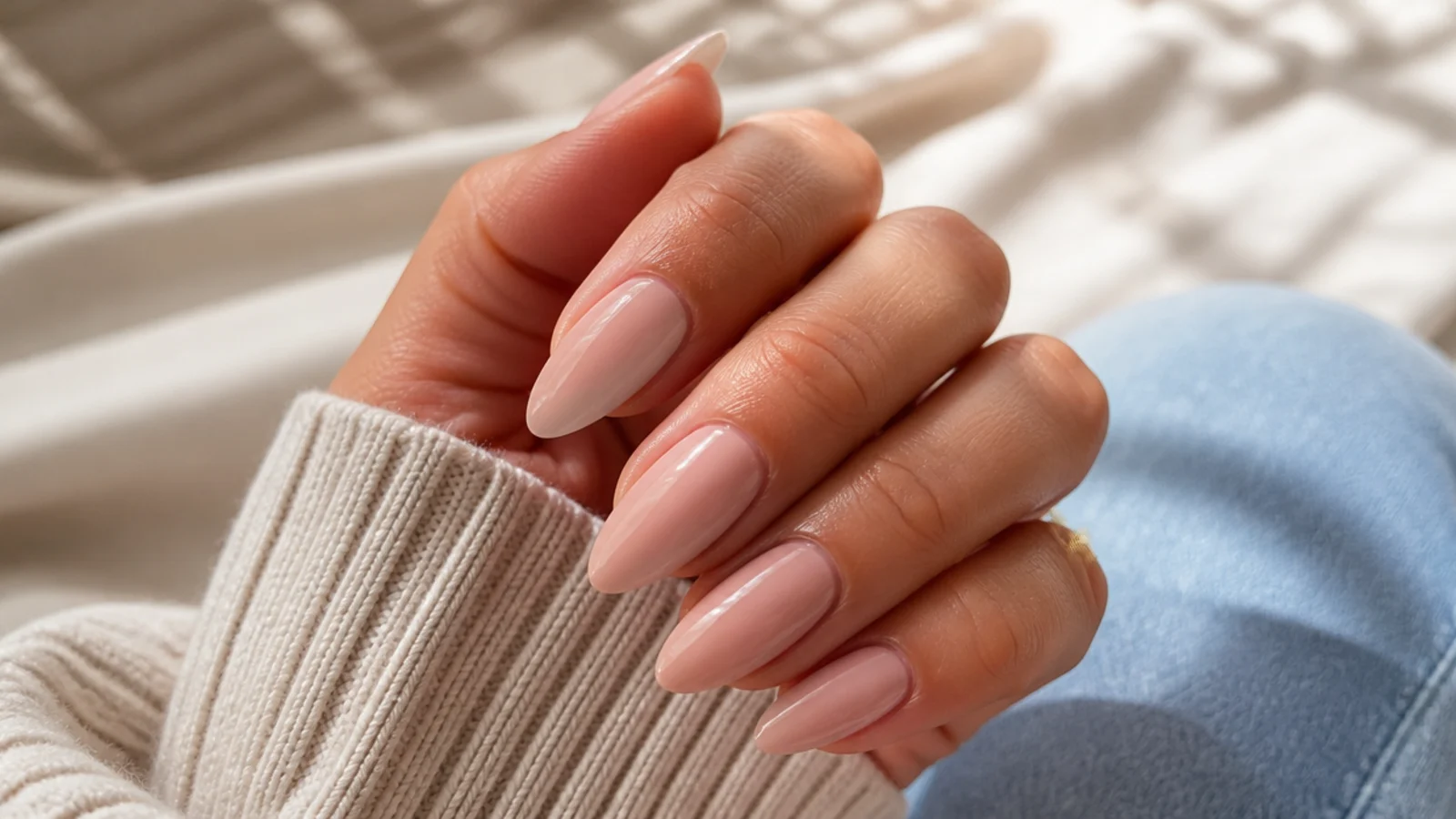 Medium almond acrylic nails in a warm nude with a tapered curve and glossy finish