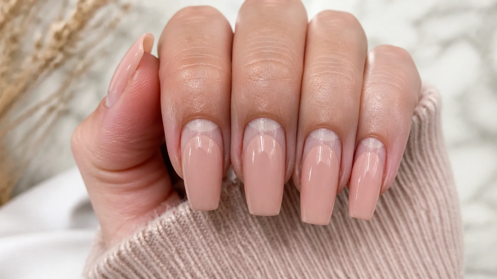 Close-up of an acrylic nail showing a two week regrowth gap at the cuticle before a fill