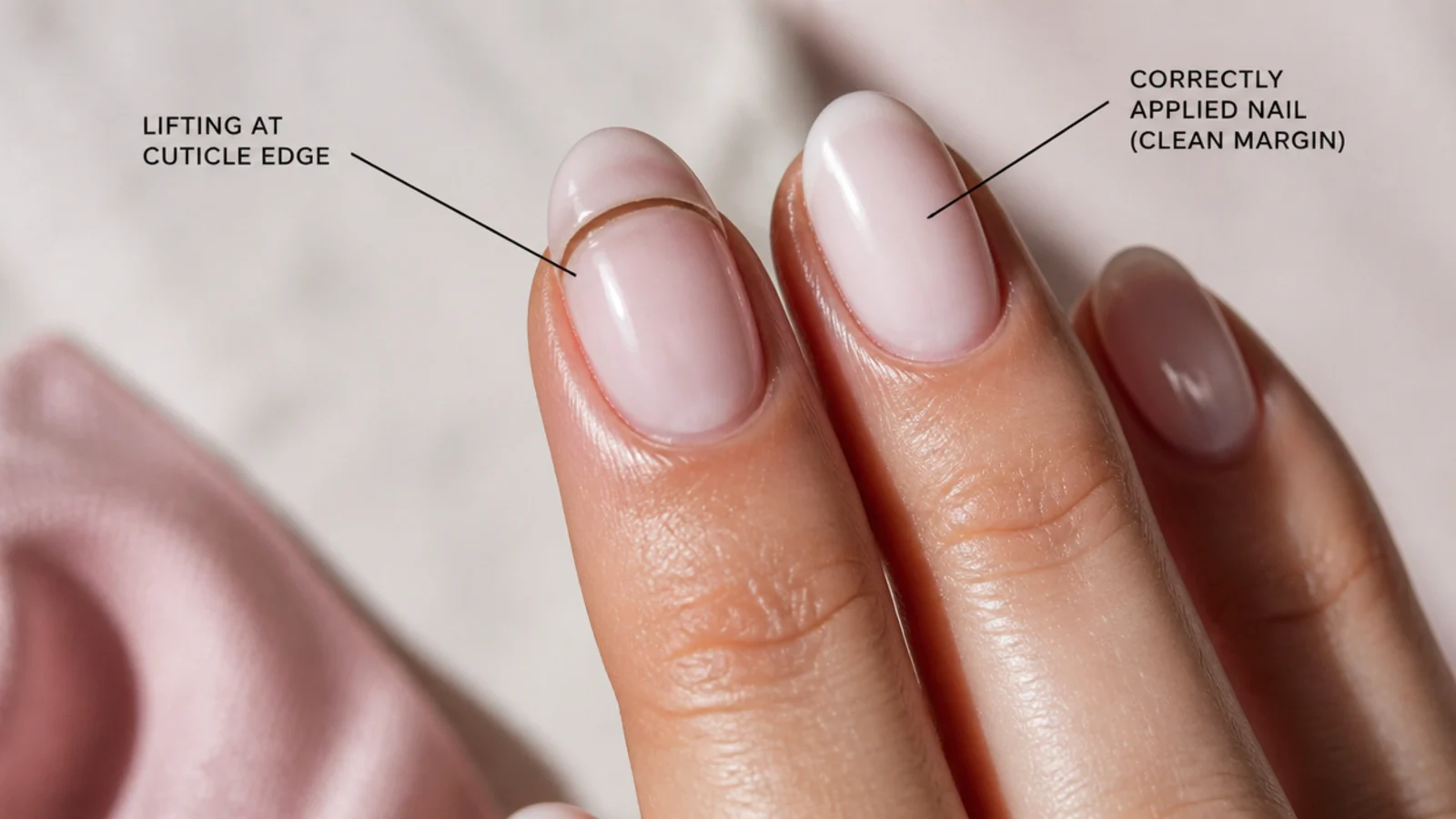 Acrylic nail showing lifting at the cuticle edge next to a correctly applied nail with a clean margin