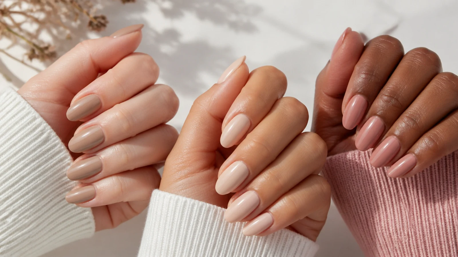 Three hands with cool, warm and neutral undertones each wearing a different soft neutral acrylic shade