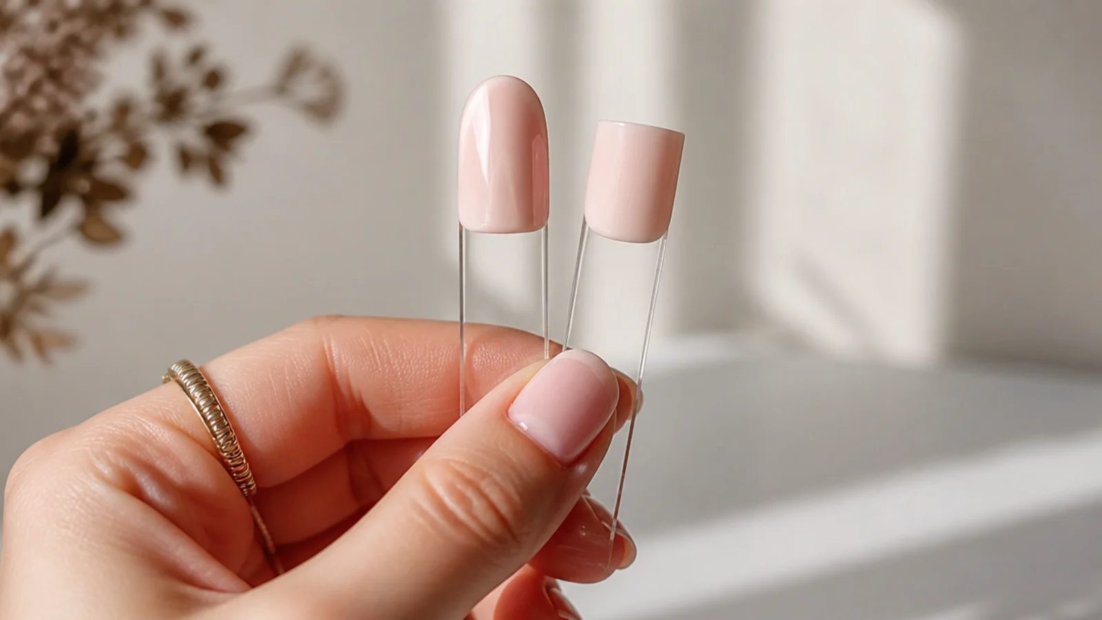 Two acrylic nails compared side by side, one thick with a bulky apex and one filed thin and flat