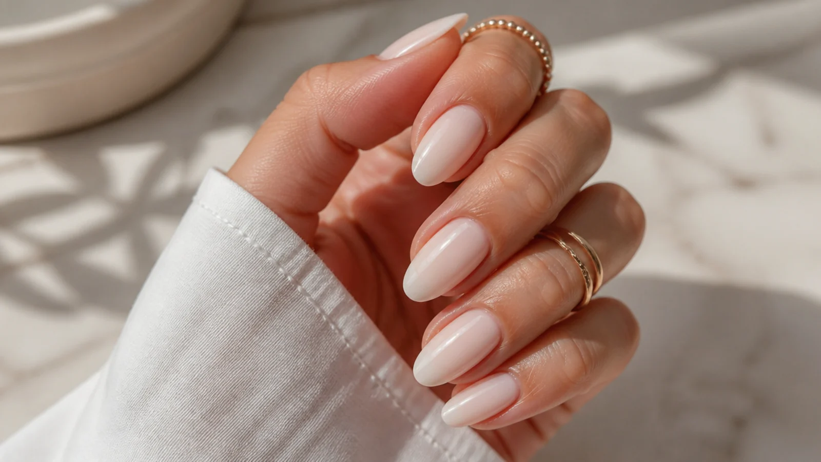 Milky aura almond nails with a soft white halo airbrushed into the center of a nude base