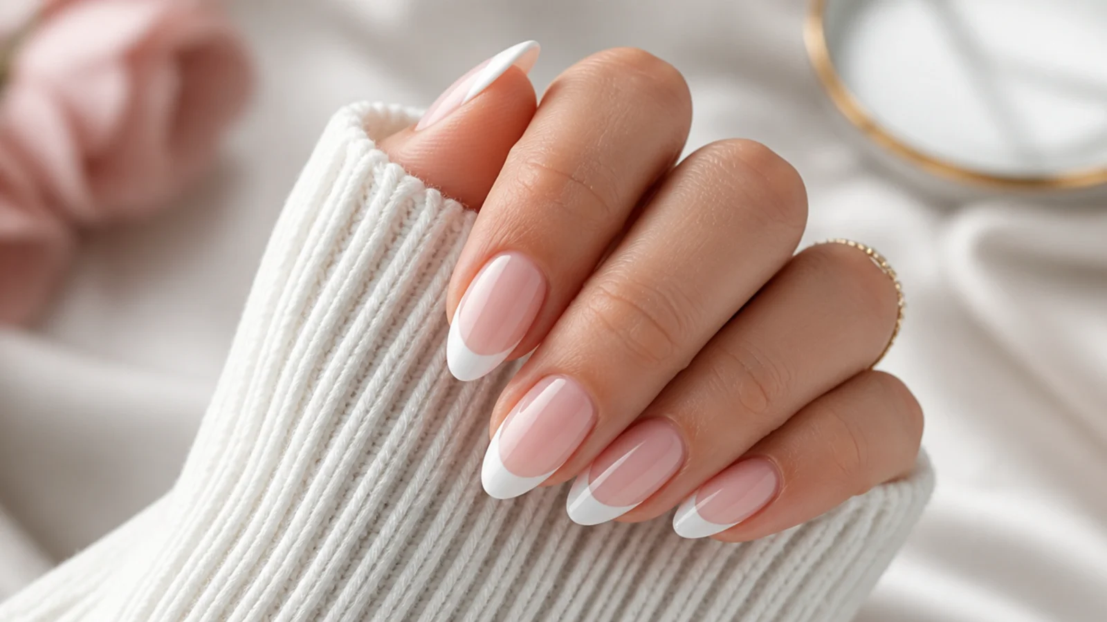 Almond nails with a crisp white French tip and a curved smile line over a sheer pink base