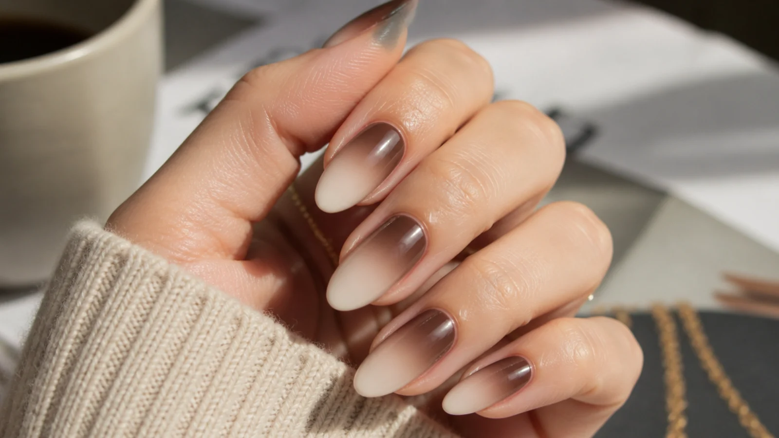Latte ombre almond nails fading from espresso brown at the cuticle to pale cream at the tip