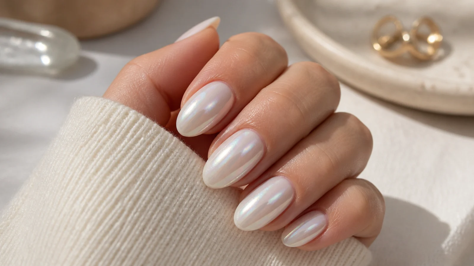 Glazed doughnut almond nails with an iridescent pearl sheen over a milky white base