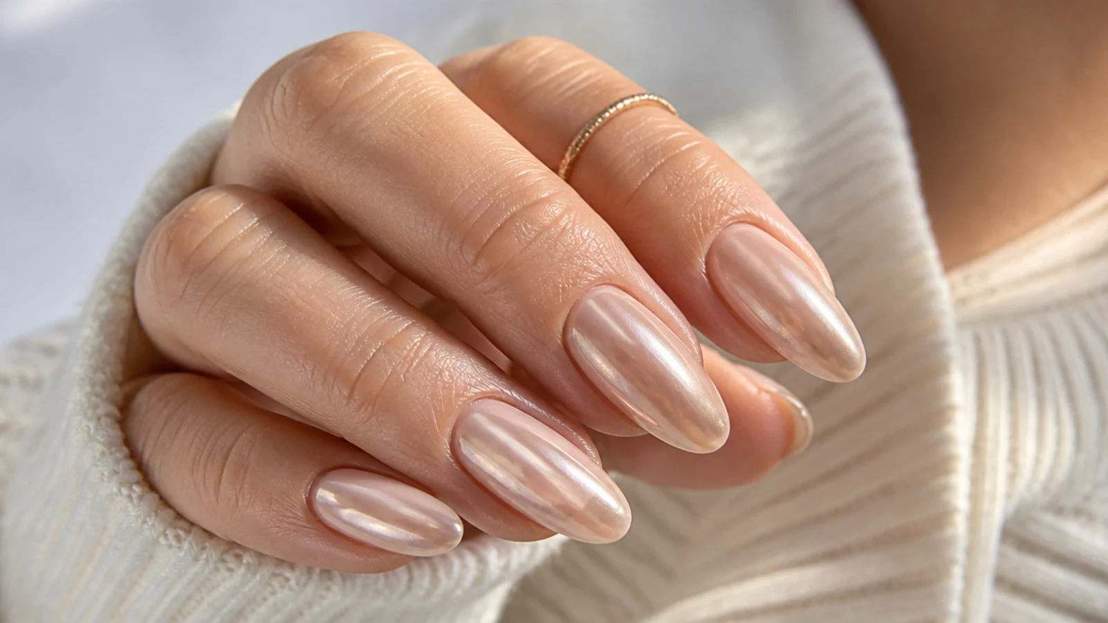 Pearl chrome almond nails with a soft champagne mirror finish over a nude base
