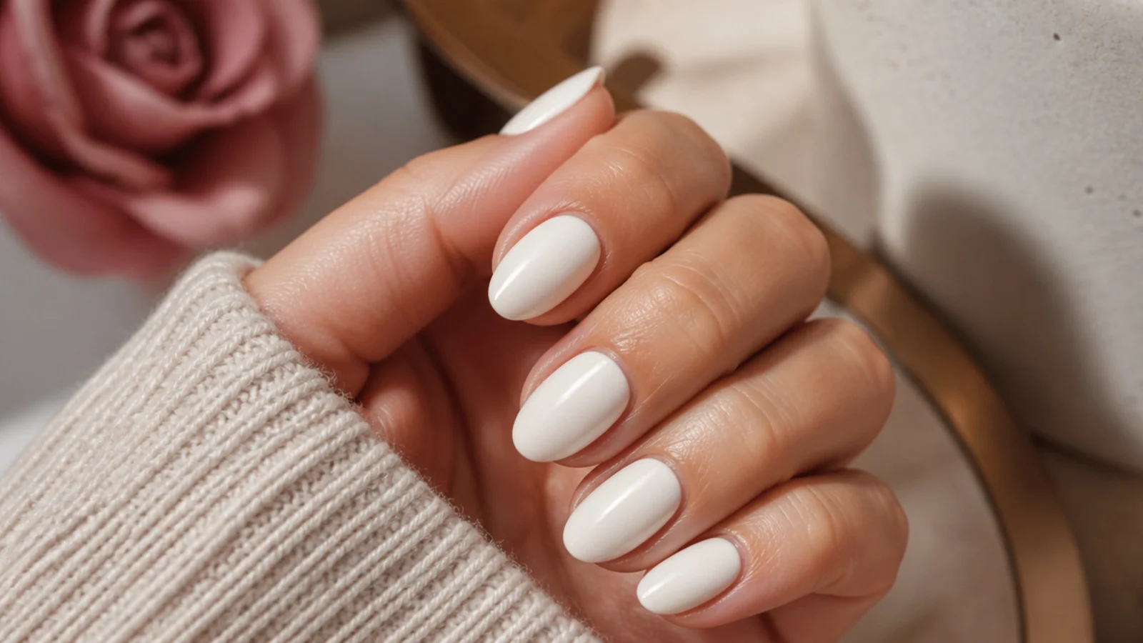 Short almond nails in opaque creamy ivory with a shallow taper and rounded tip