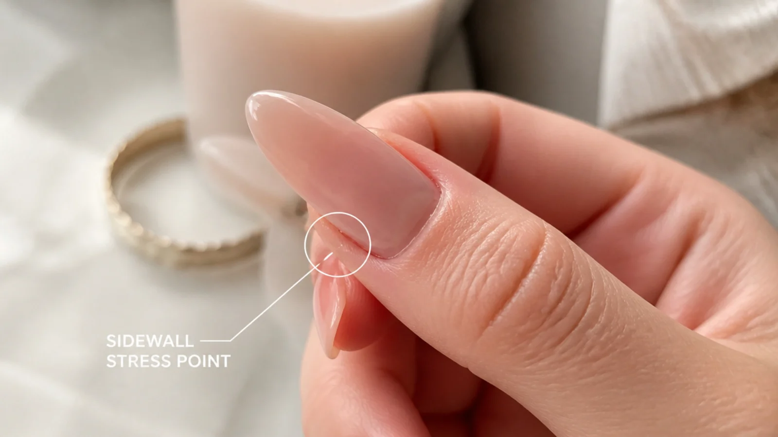 Close-up of an almond nail showing the sidewall stress point where over-filing causes cracks