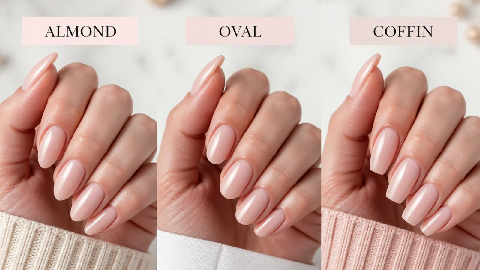 Three nail shapes compared side by side showing almond point, oval curve and flat coffin tip