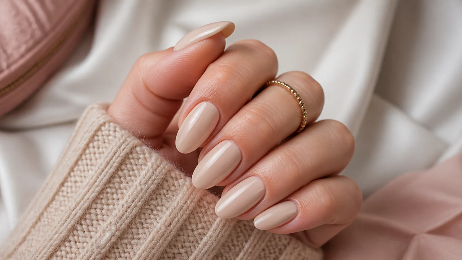 Medium length classy almond nails in milky beige with tapered sidewalls and a soft rounded point