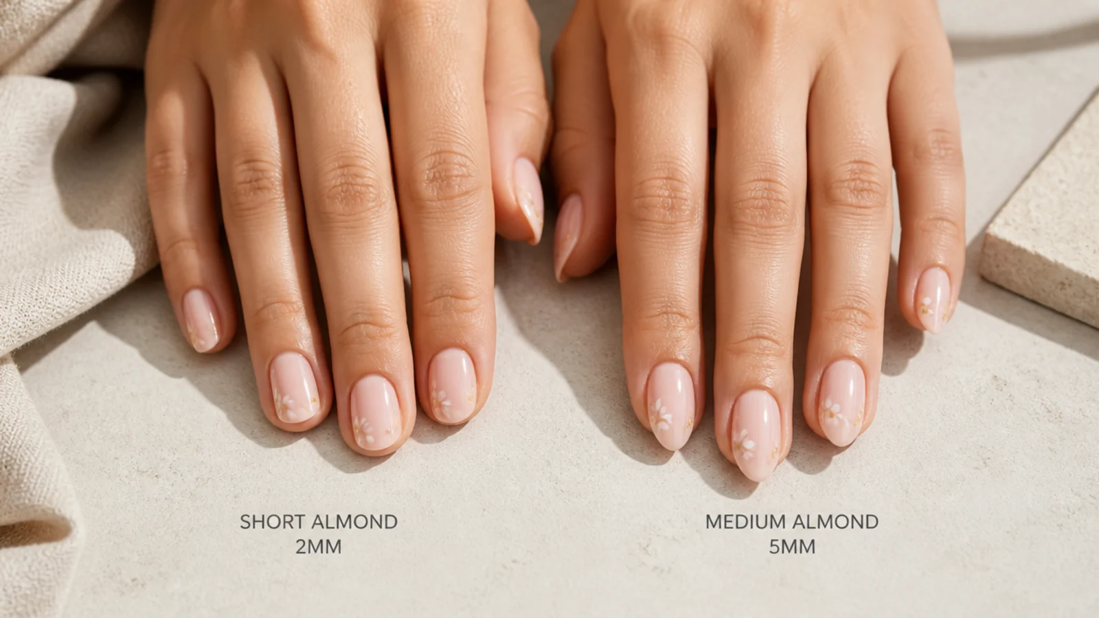 Short almond nails at 2mm free edge compared beside medium almond nails at 5mm free edge