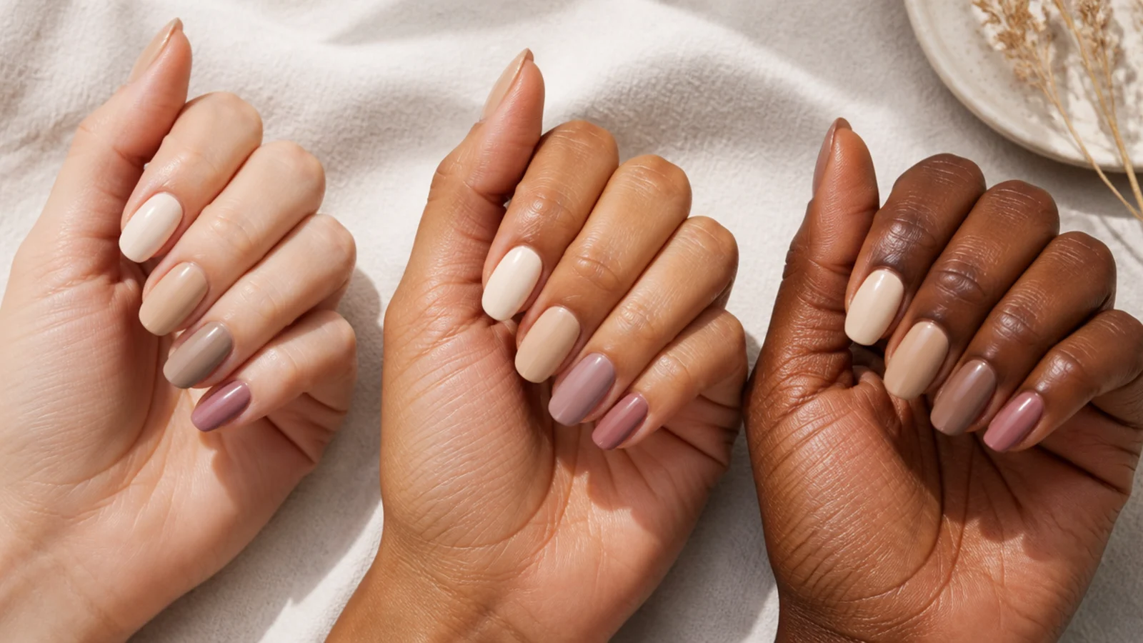 Neutral nail shades swatched on fair medium olive and deep skin tones for undertone matching