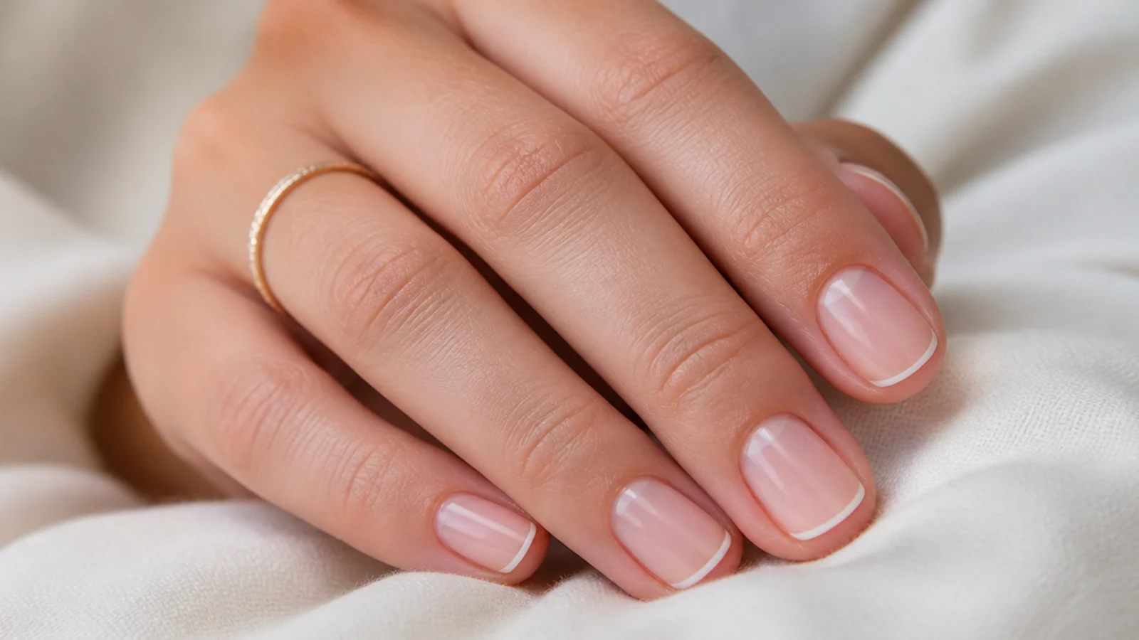 Bare short nails with a hairline white micro French tip painted along the free edge