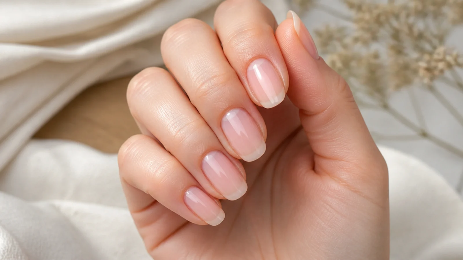 Glossy sheer soap nails with a glass like shine over a bare natural nail