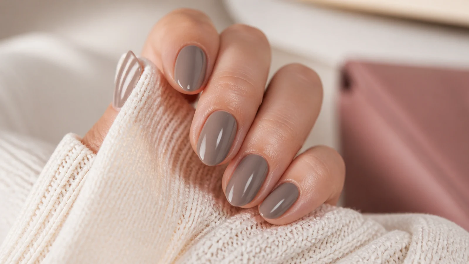 Short almond nails painted in a gray leaning taupe with a smooth glossy finish