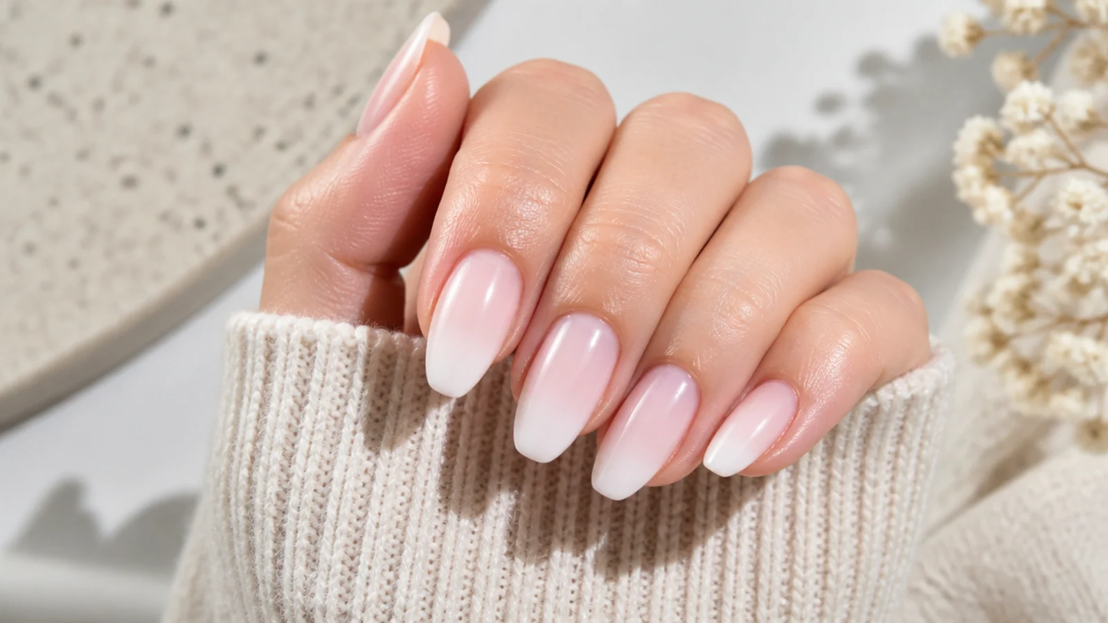 Soft ombre nails fading from sheer pink at the cuticle to milky white at the tip