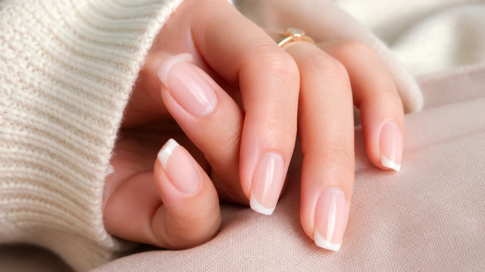 Classic white French tip nails with a crisp smile line over a sheer pink base