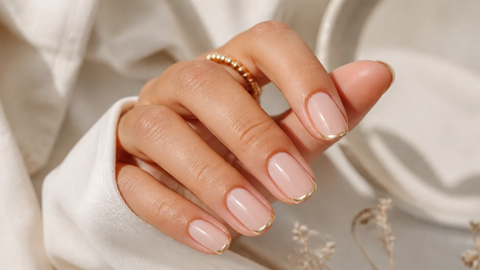 Milky nude nails with a fine gold metallic micro French line along the tip