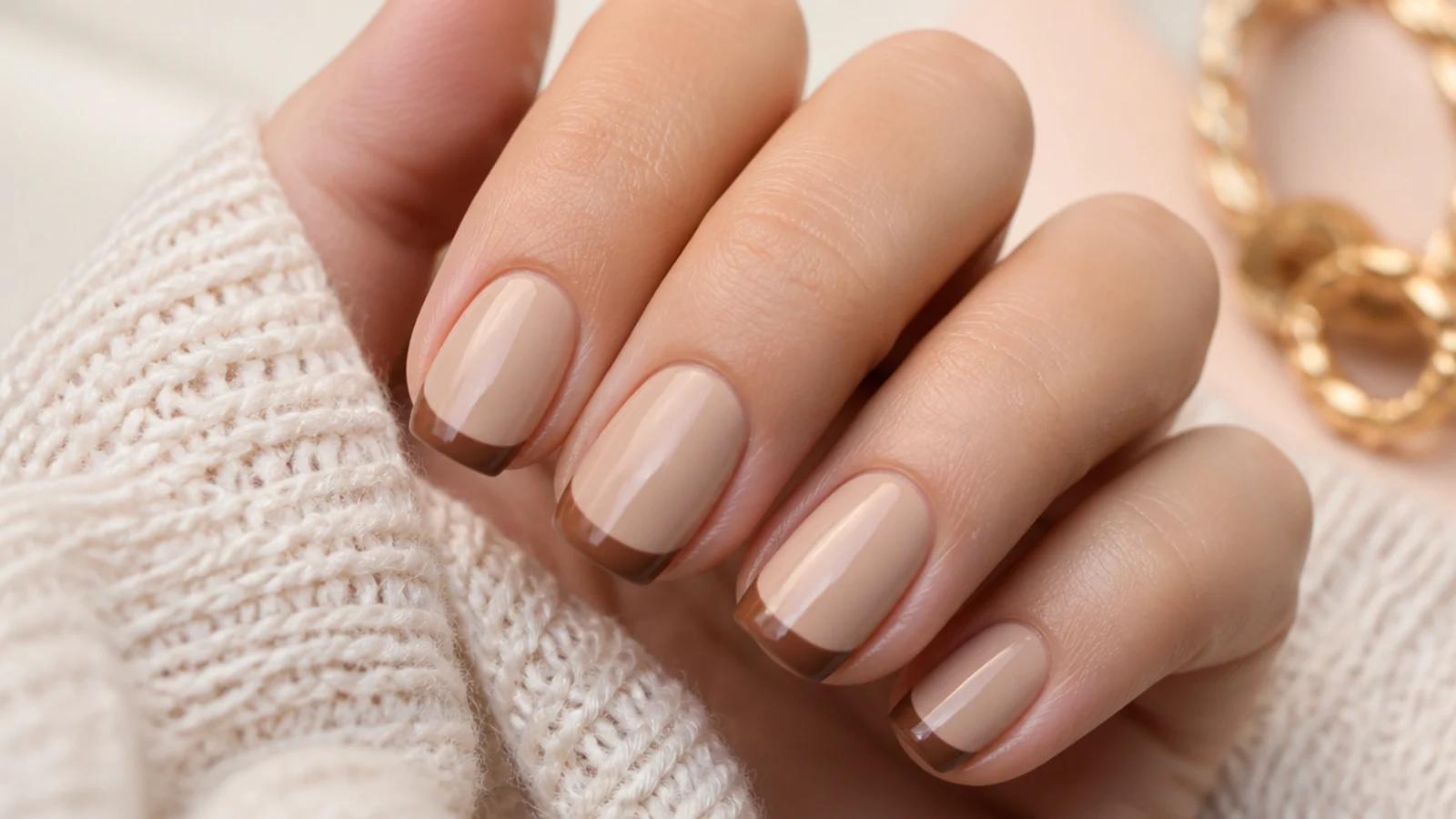 Warm beige nails with mocha brown French tips on a short squoval shape