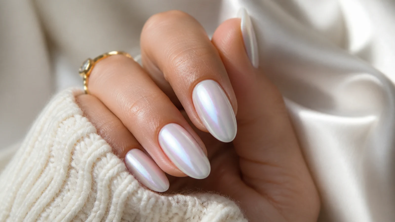 Milky white nails with a pearl chrome shimmer that shifts color in the light
