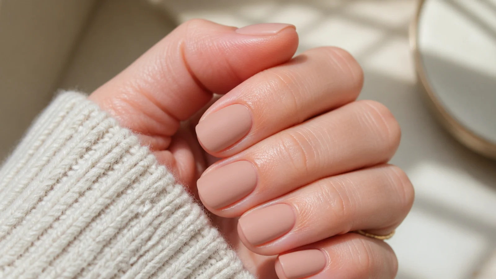 Short oval nails in a soft nude with a flat velvet matte top coat finish