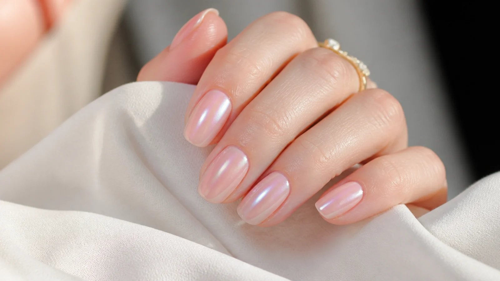 Sheer pink nails with a pearlescent glazed finish giving a wet iridescent shine
