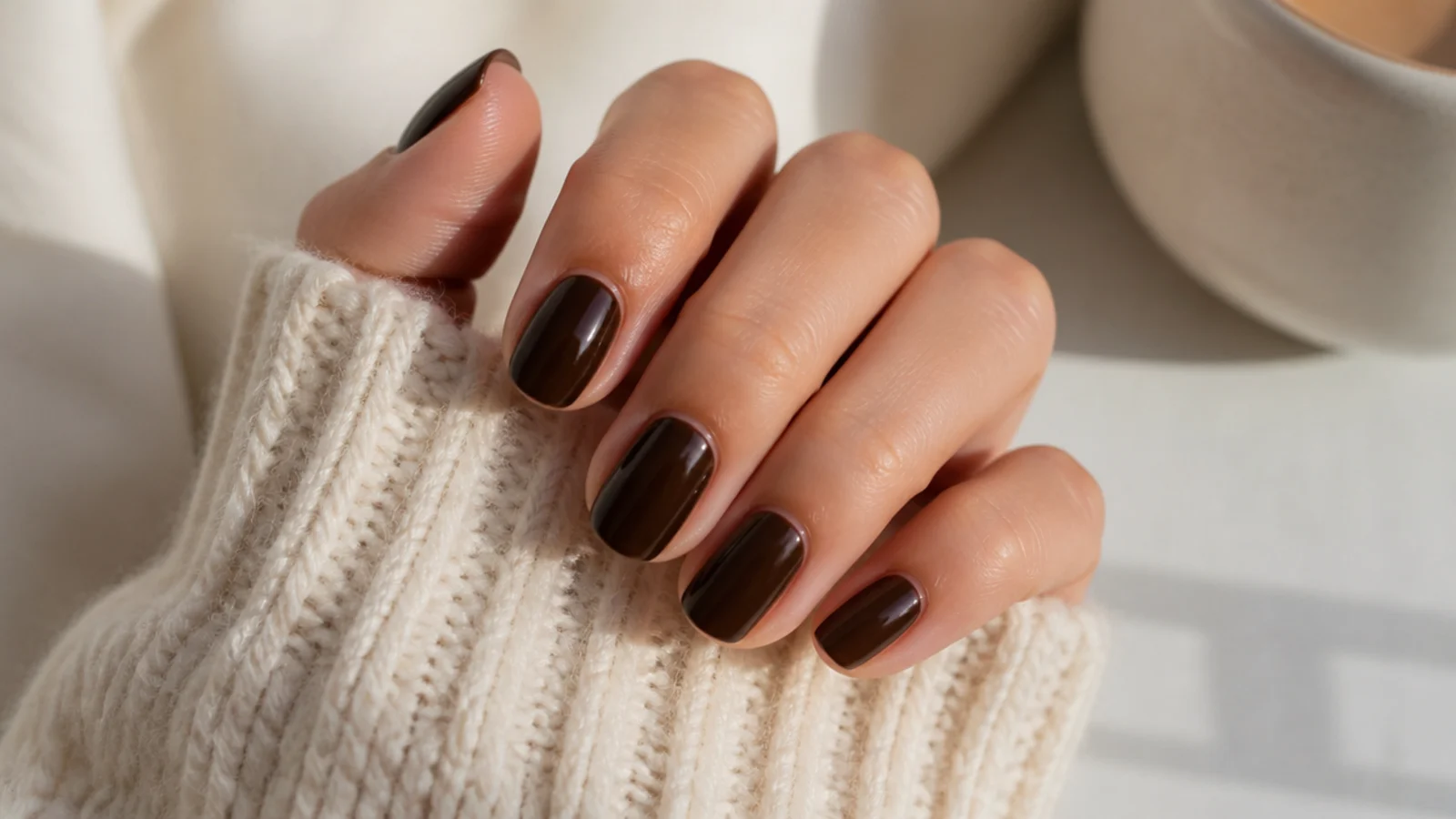 Short almond nails in a deep espresso brown with a glossy finish