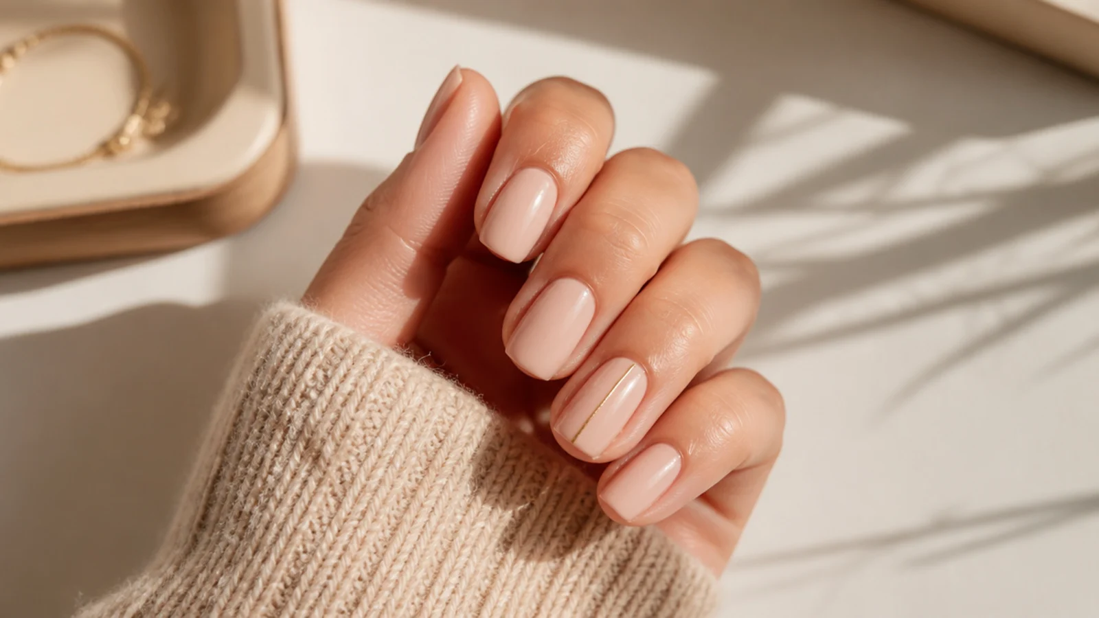 Nude nails with one thin gold vertical line running down the center of the ring finger