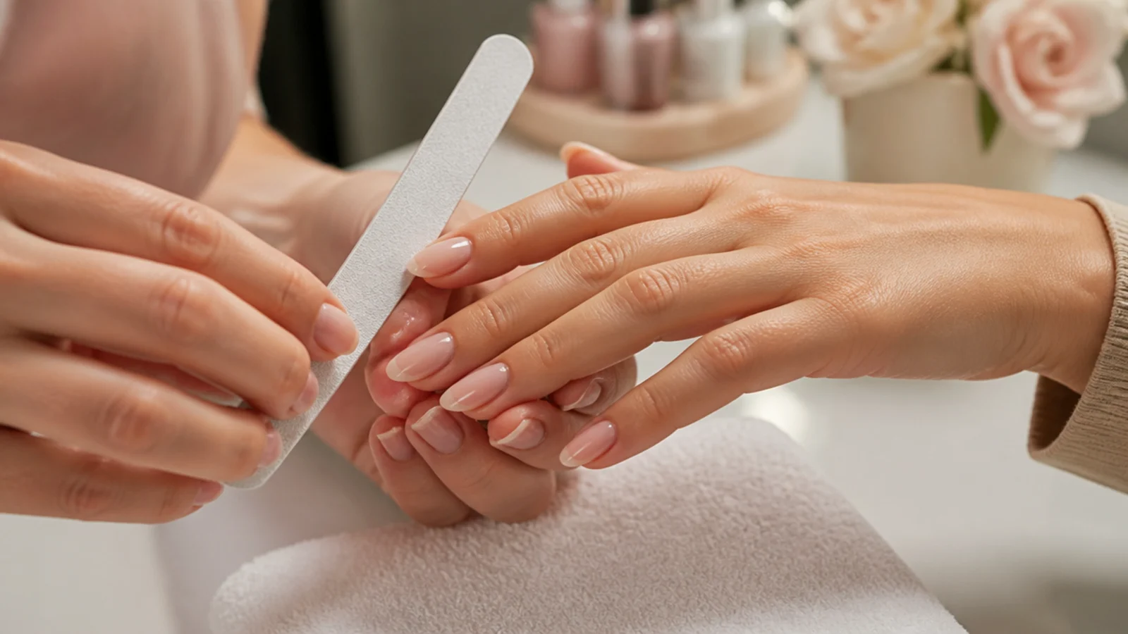 Hands with short natural nails being filed to a soft almond shape at a nail salon