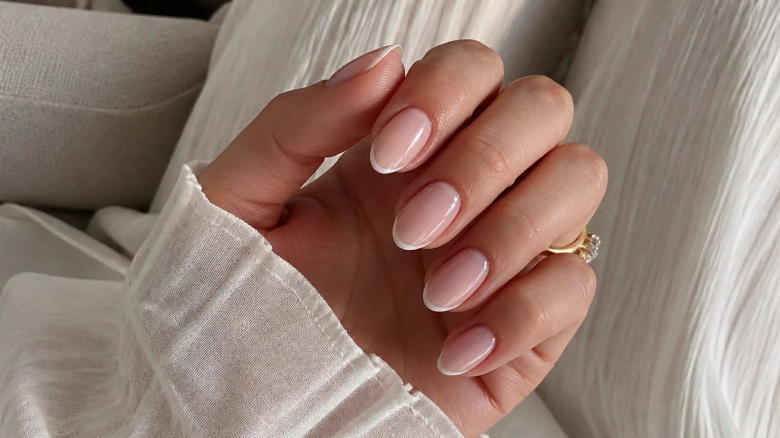 Classy nails in milky nude with a hairline micro French tip on short almond shaped nails