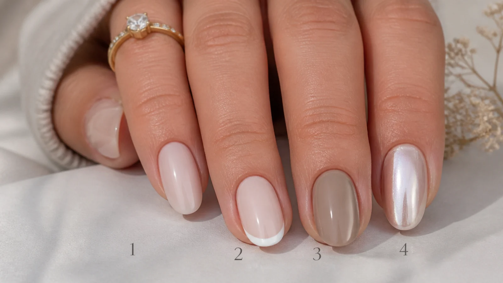 Four classy nail designs compared side by side in milky nude, micro French, taupe and pearl chrome